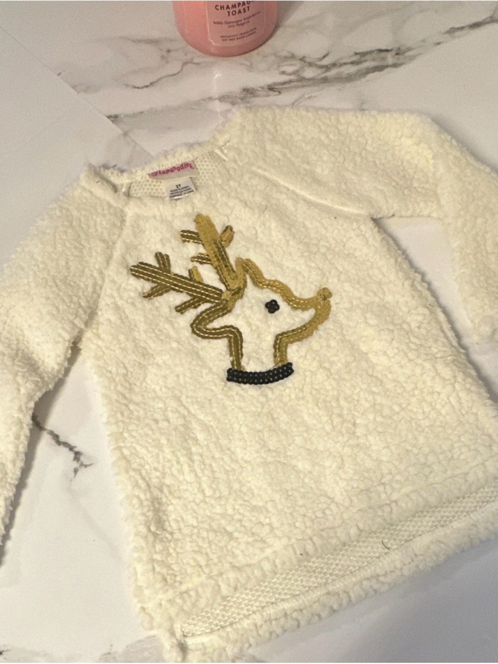 Flapdoodles Cream Sherpa Sweatshirt with Gold Reindeer Applique